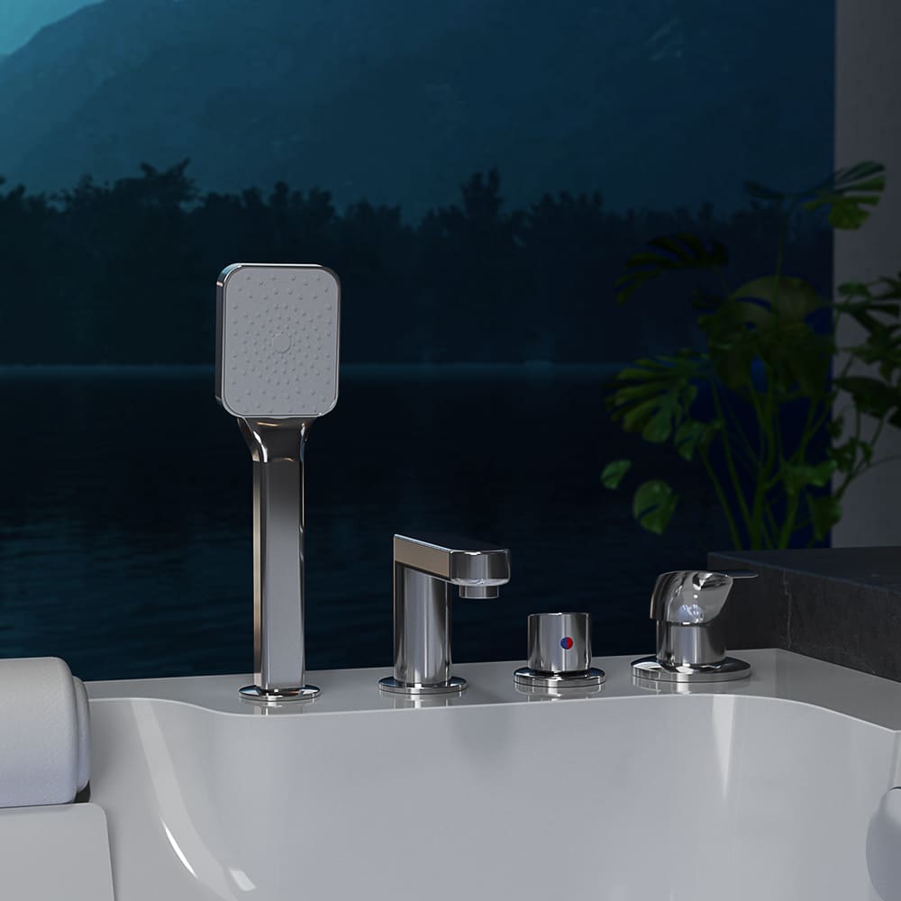 Enjoy a tranquil bathing experience with the 71 in. Alcove Massage Thermostatic 2-Person LED Tub With Right Drain by Empava, featuring a sleek square handheld shower head, modern faucet, and precise controls for water flow and temperature. The inline heater guarantees consistent warmth as you unwind in the dark, serene outdoor environment surrounded by calming foliage.