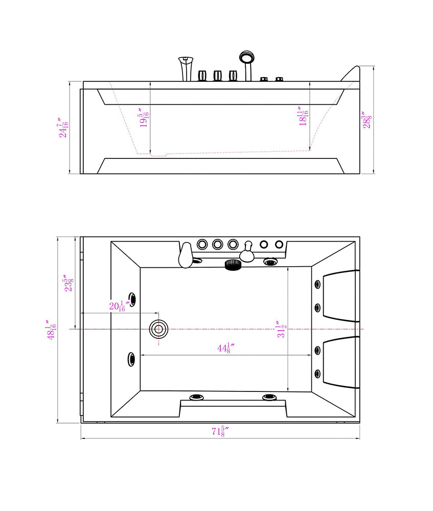 Empava-72JT367LED whirlpool Acrylic 2-person rectangular bathtub product size