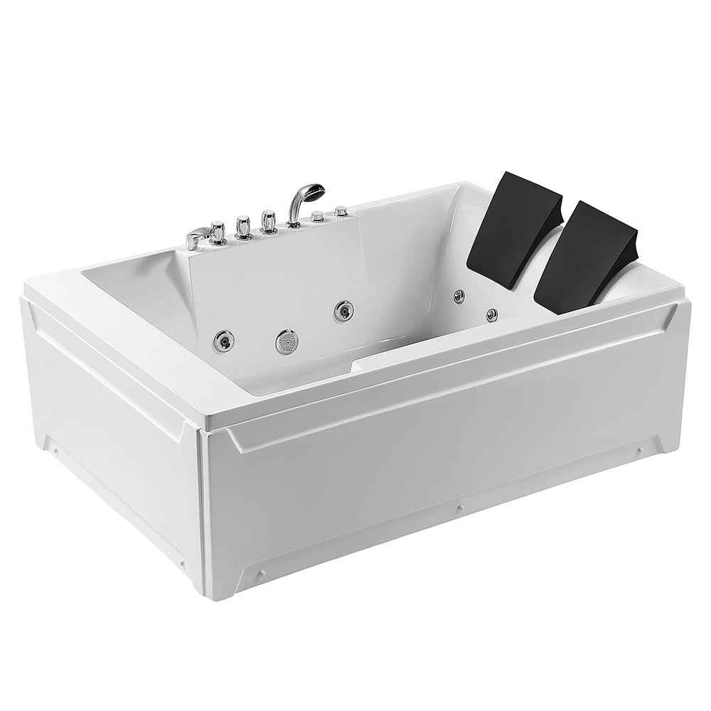 The 72" Alcove Whirlpool LED Bathtub for 2 Persons with Left Drain is pictured, showcasing a sleek, modern white design complete with two black headrests, multiple jets for hydrotherapy, and elegant silver controls. Its rectangular shape and clean lines contribute to its contemporary aesthetic, making it an ideal centerpiece for a luxurious bathroom setting.