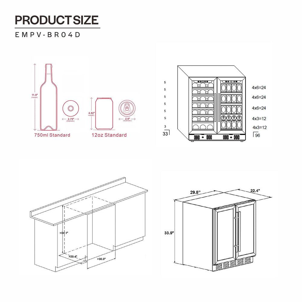 A technical drawing displaying dimensions and layout of the Empava Dual Zone Wine & Beverage Cooler Fridge. Includes diagrams comparing standard 750ml bottles and 12oz cans, installation location under a counter, and storage capacity for bottles and cans. The dual-zone fridge is 33.9 inches tall.