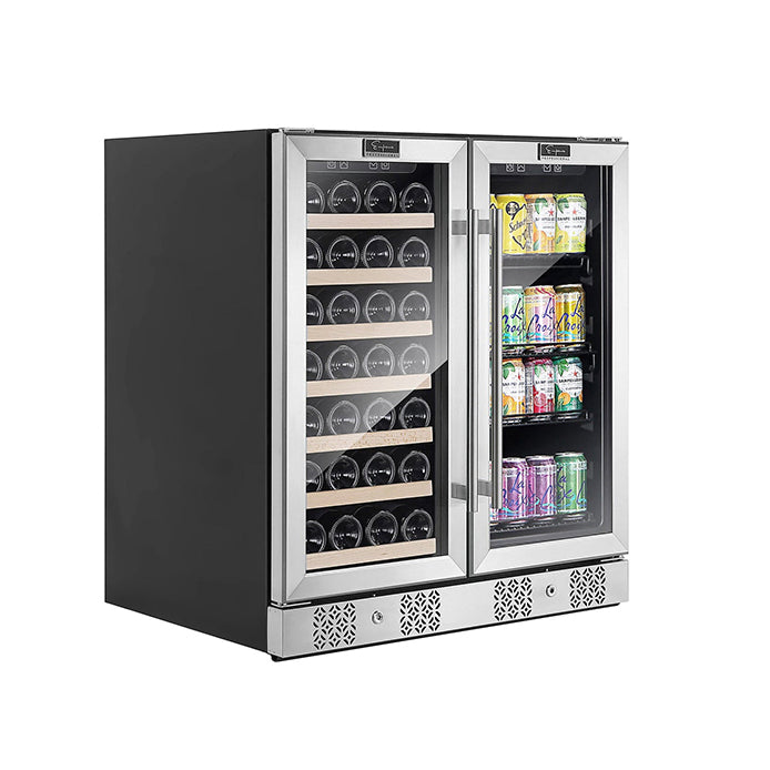 The Empava Dual Zone Wine & Beverage Cooler Fridge, featuring a stainless steel exterior, offers two compartments: the left side stores wine bottles on wooden shelves, while the right side is ideal for canned drinks. This cooler includes glass doors, reinforced materials, and digital temperature displays at the top.