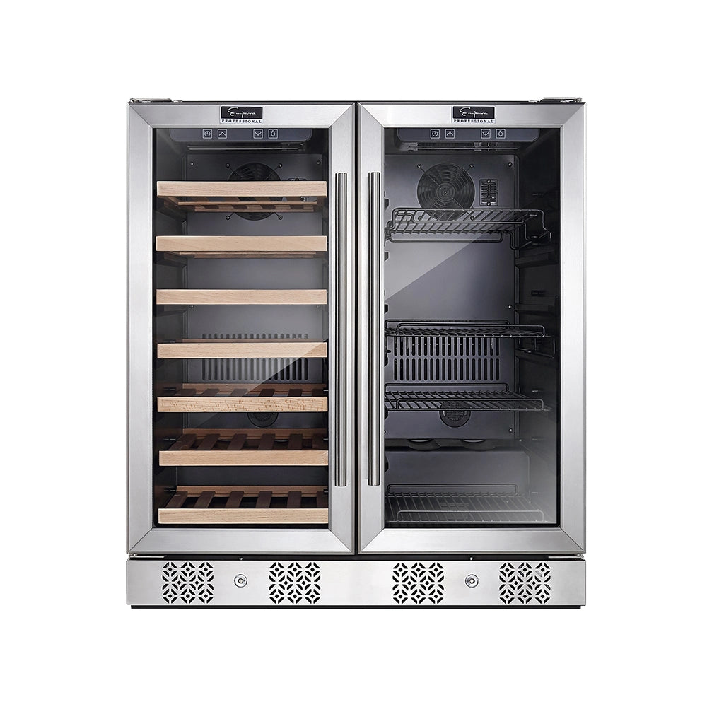 The Empava Dual Zone Wine & Beverage Cooler Fridge is a stainless steel unit featuring a glass front door. It includes wooden shelves on the left side for wine bottles and wire racks on the right for beverages, all housed in reinforced material. Each door section has a digital temperature display at the top.