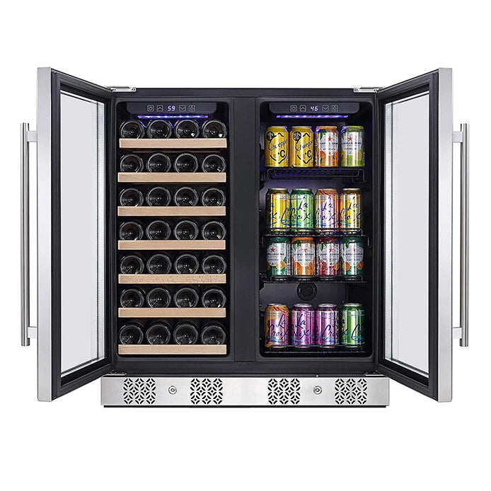 The Empava Dual Zone Wine & Beverage Cooler Fridge features two open doors. The left side neatly arranges wine bottles on wooden shelves, while the right side displays various cans of beverages, including sparkling water and soda, on reinforced regular shelves.