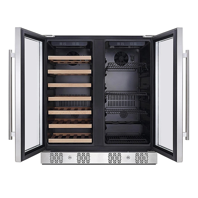 Introducing the Empava Dual Zone Wine & Beverage Cooler Fridge, a modern stainless steel appliance with two open doors. The left side of the fridge boasts multiple wooden shelves designed for storing wine bottles, while the right side includes adjustable metal racks perfect for other beverages. The sleek black interior is crafted from reinforced material, making it as durable as it is stylish.