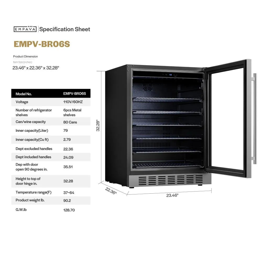 Empava 24 Inch Beverage Refrigerator with Glass Door 140 Cans