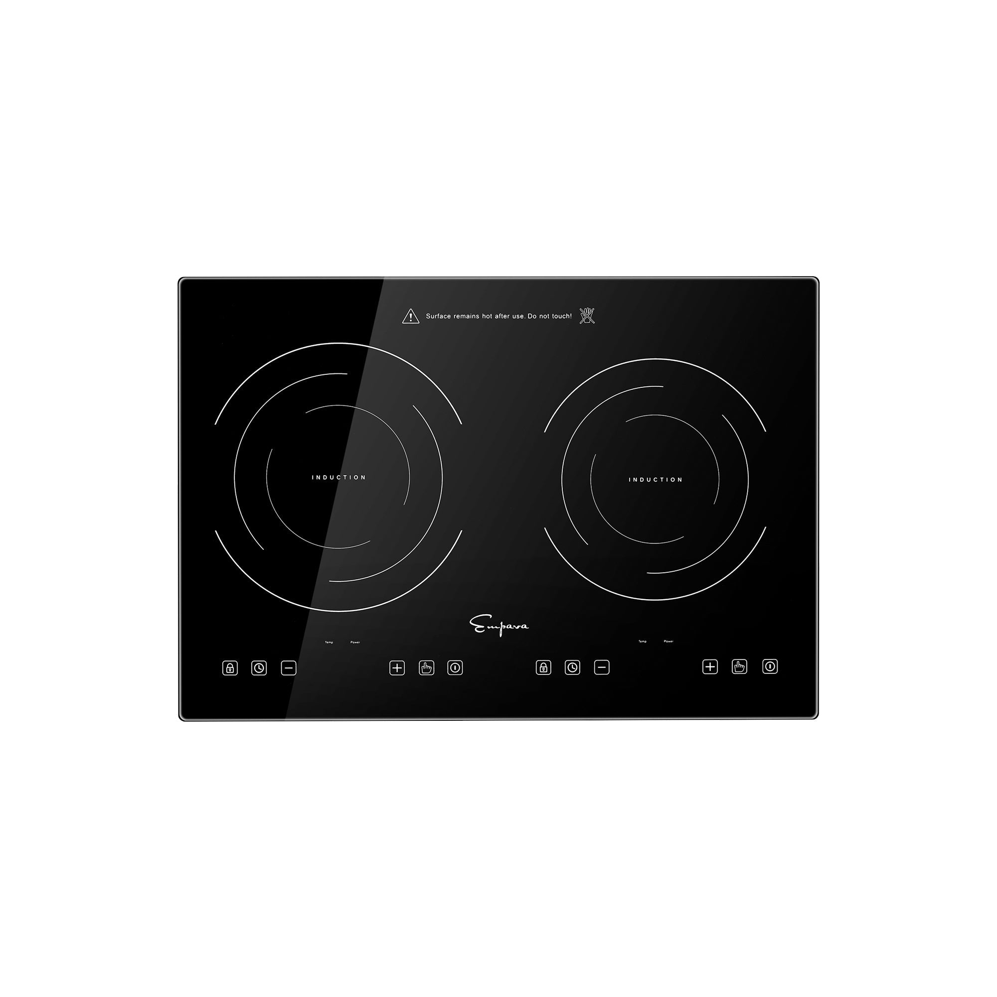 The Empava 12 In. Induction Cooktop with 2 Burners from Empava Appliances features two black circular heating zones, each labeled with "Induction." The cooktop includes touch controls at the bottom, represented by various icons and symbols for different functions.