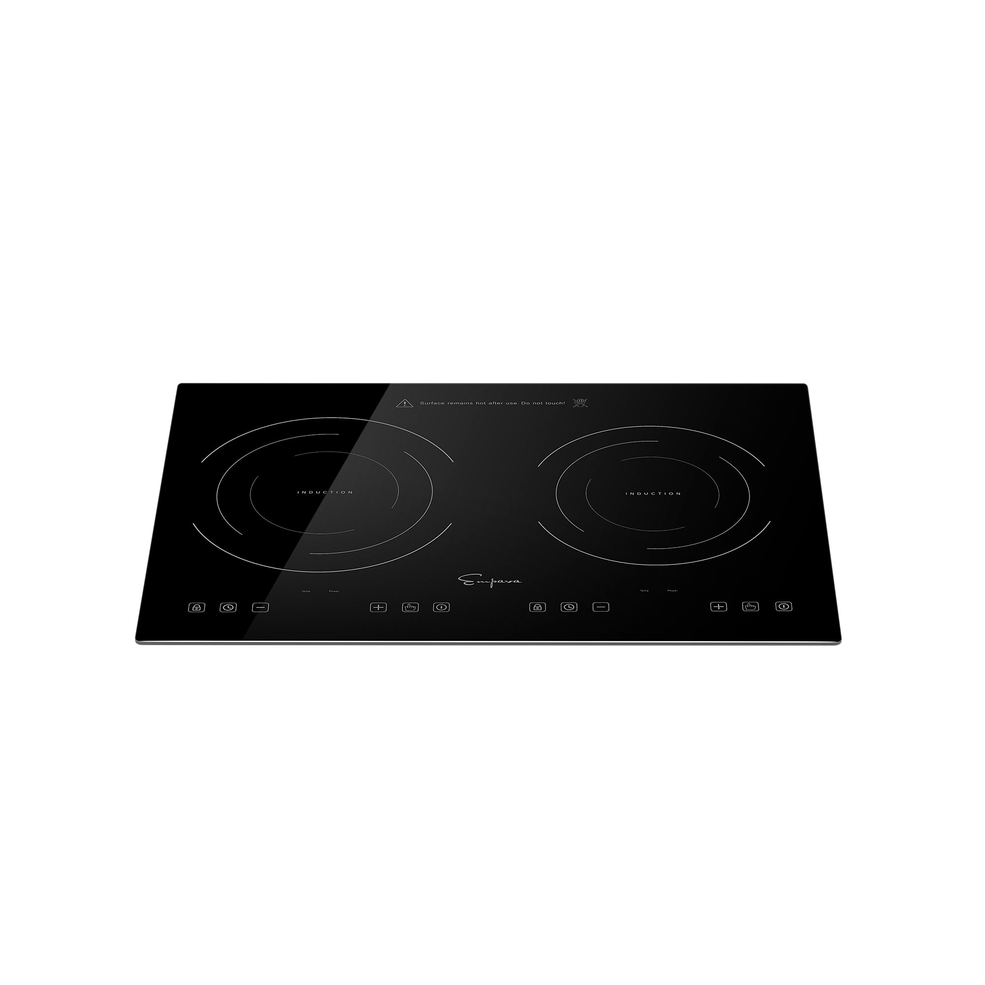 The Empava 12 In. Induction Cooktop with 2 burners boasts a sleek black finish and touch controls. Its minimalist design includes clearly marked heating areas and control symbols along the bottom edge, offering a modern and streamlined appearance.