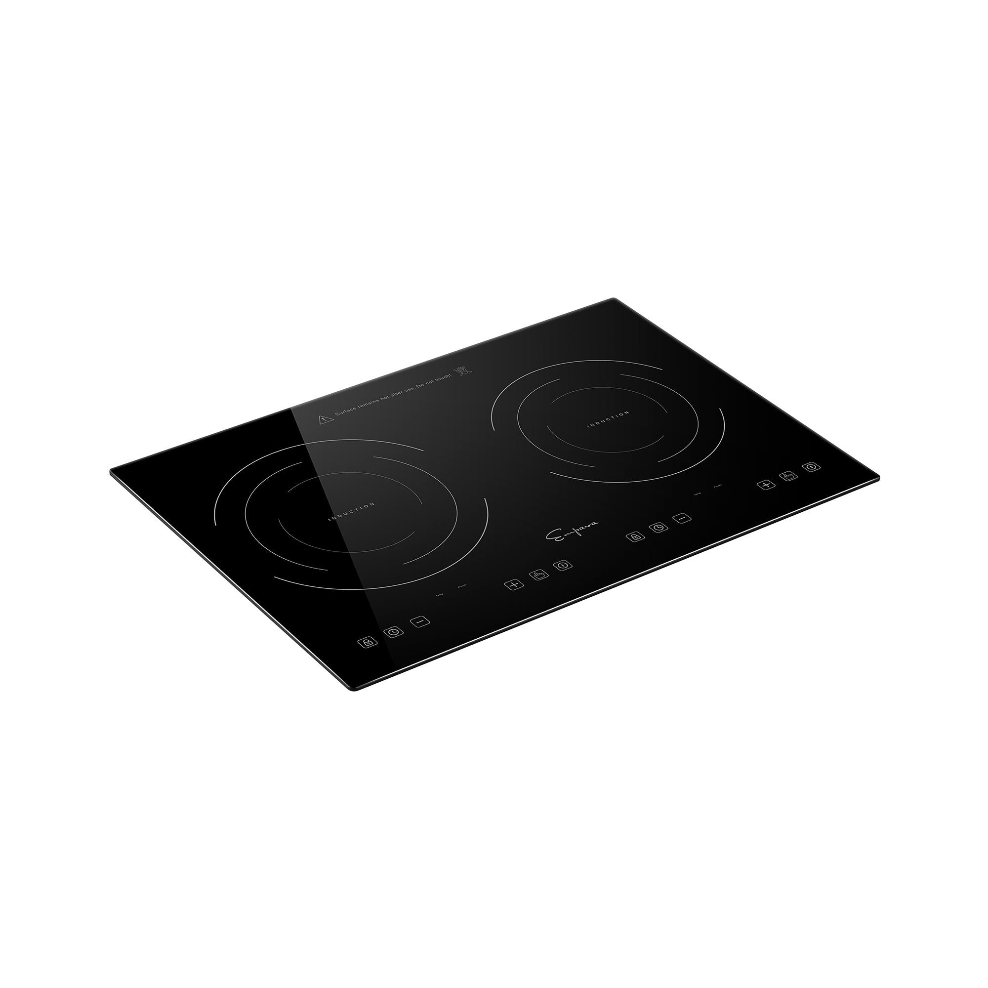 The Empava 12 In. Induction Cooktop with 2 burners is presented in a sleek black finish, featuring two circular cooking zones. Touch control buttons for power, temperature, and timer settings are conveniently located along the front of the cooktop. Its smooth and reflective surface showcases minimalist design elements.