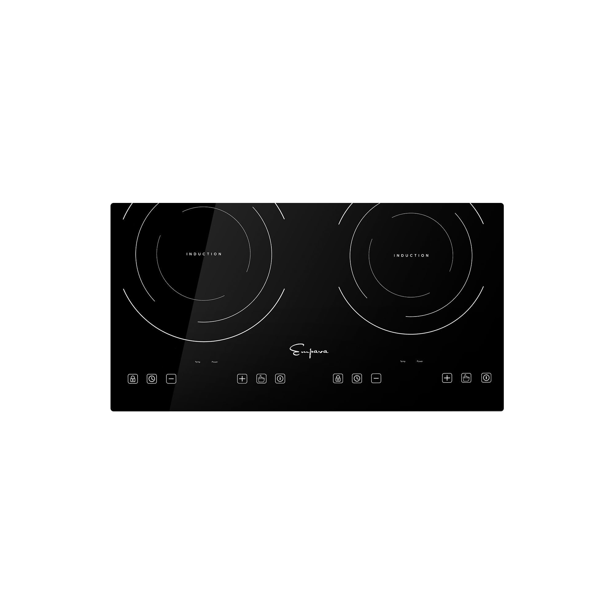 The Empava 12 In. Induction Cooktop with 2 burners is a sleek, black appliance featuring two cooking zones and touch controls. Its rectangular design showcases minimalistic white lines and icons for power and temperature settings, with the brand name prominently displayed near the bottom center.