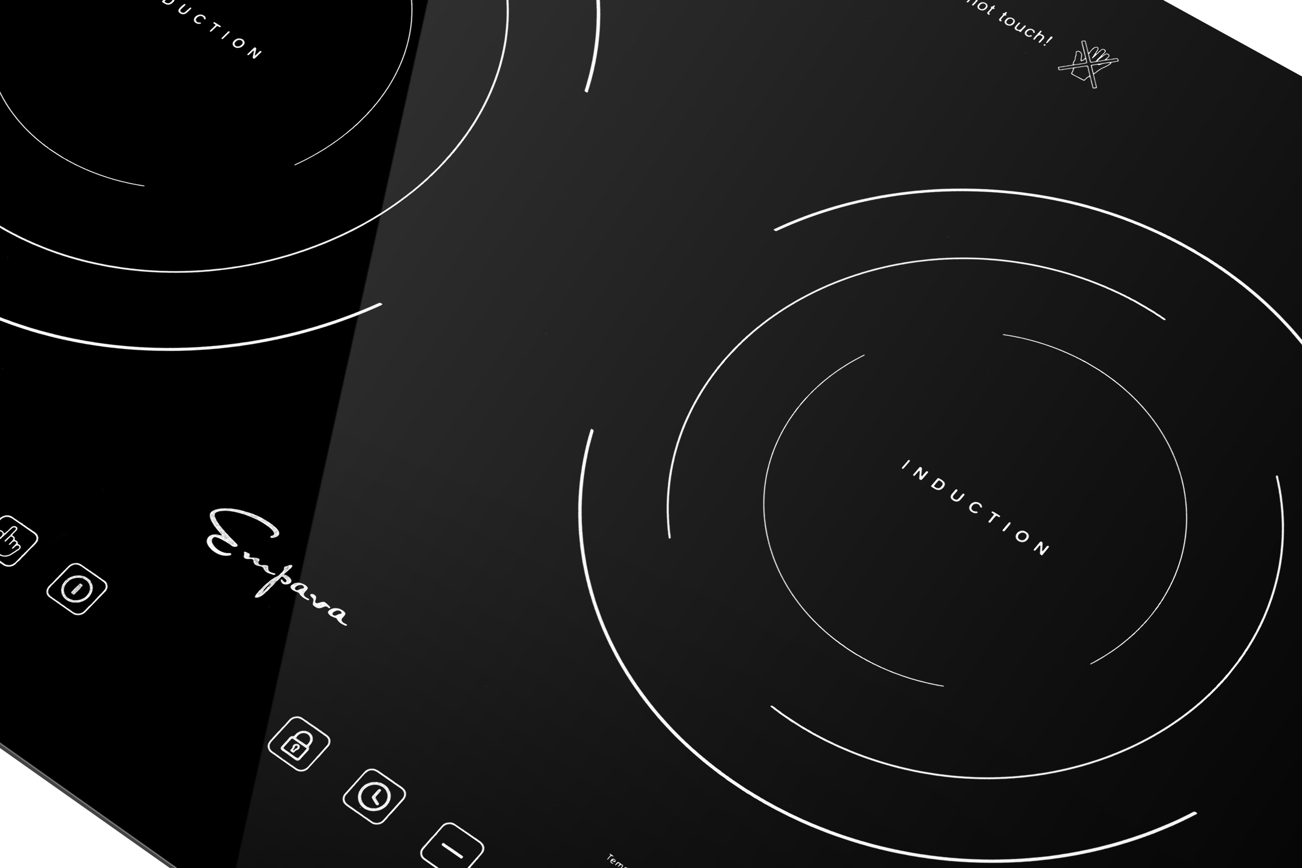 A close-up of the Empava 12 In. Induction Cooktop with 2 burners, featuring two circular cooking zones. The sleek black surface includes touch controls with icons, a signature, and the word "Induction" within the circles. The glossy finish beautifully reflects light.