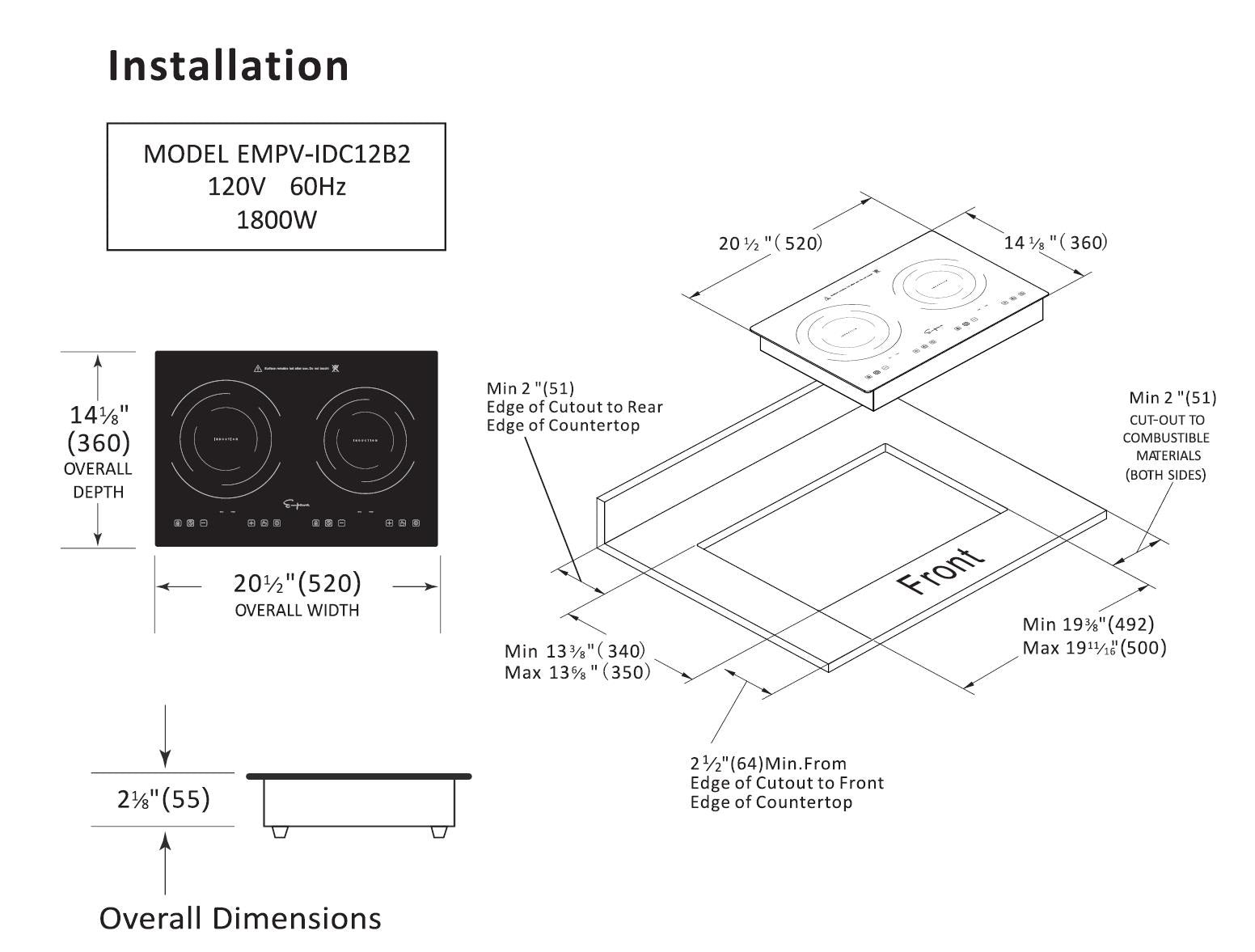 Diagram showing installation instructions and specifications for the Empava 12 In. Induction Cooktop with 2 burners. Includes dimensions: 14 3/16" width, 20 8/16" overall width, 2 4/16" overall depth. Clearances: Min 2" from edge, cutout: Min 1 1/2" sides, Min 1 2/16" front