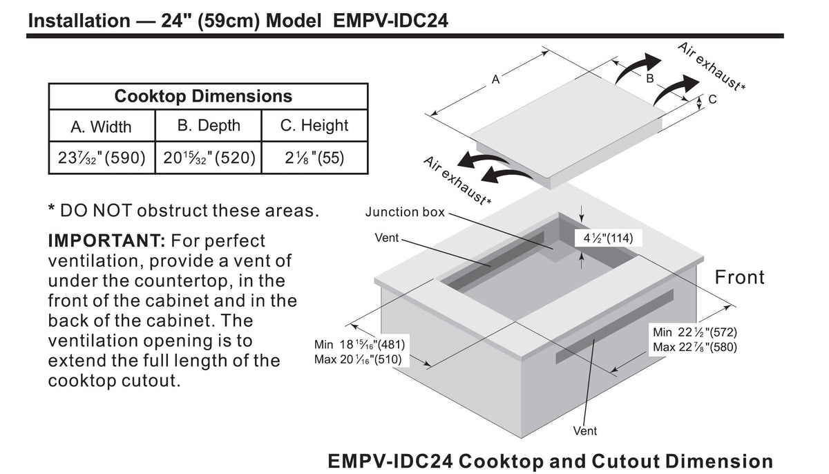 Diagram showing the installation dimensions for the Empava 24 in. W x 20.5 in. D Induction Cooktop, with views of the top and side. The cooktop is 23 5/8" wide, 20 7/16" deep, and 2 5/16" high. Ventilation requirements, junction box placement, and cutout dimensions are also specified.