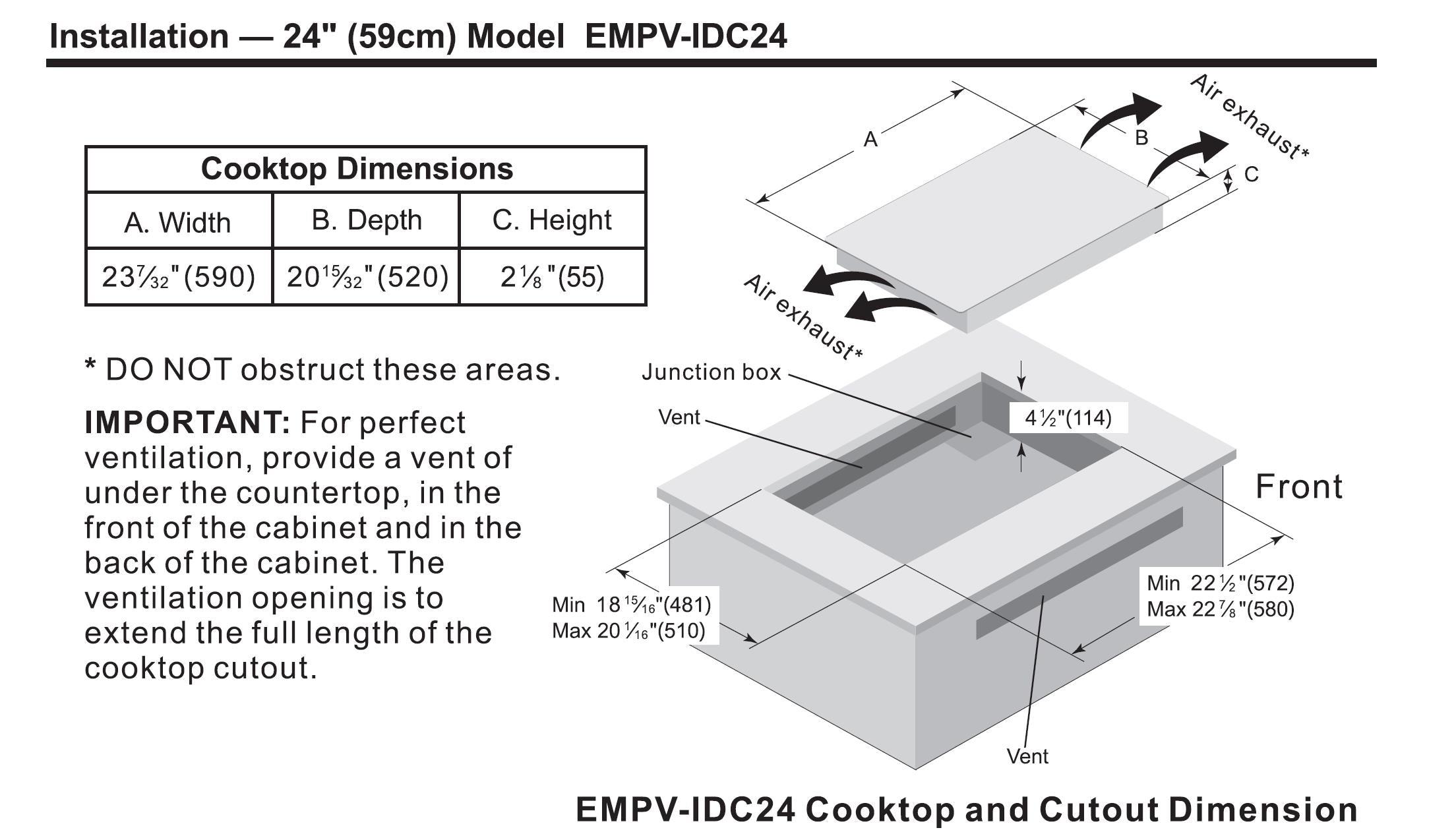 Diagram showing the installation dimensions for the Empava 24 in. W x 20.5 in. D Induction Cooktop, with views of the top and side. The cooktop is 23 5/8" wide, 20 7/16" deep, and 2 5/16" high. Ventilation requirements, junction box placement, and cutout dimensions are also specified.