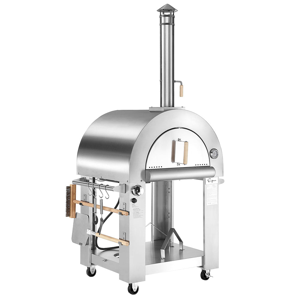 The Empava Outdoor Wood Fired and Gas Pizza Oven on wheels boasts a stainless steel construction with an arched top and chimney. This comprehensive oven kit comes with various tools conveniently hanging on the sides, including a pizza peel, brush, and hook. The door is equipped with a thermometer and wooden handle for effortless monitoring.