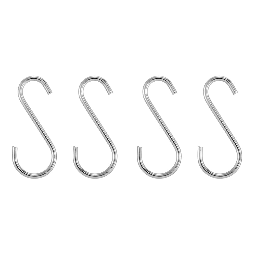 Four metal S-shaped hooks are evenly spaced against a white background. These shiny hooks, which feature thicker insulation, appear to be made of stainless steel or a similar material.