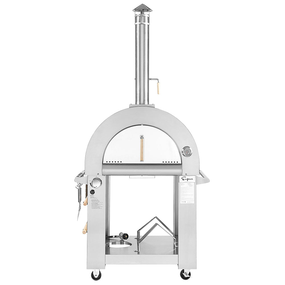 The Empava Outdoor Wood Fired and Gas Pizza Oven, crafted from stainless steel, boasts a tall chimney and curved top design. It stands on four caster wheels for effortless mobility. This comprehensive oven kit includes a built-in thermometer, enhanced insulation for better heat retention, a wood storage area underneath, and multiple handles and hooks for tools and accessories.