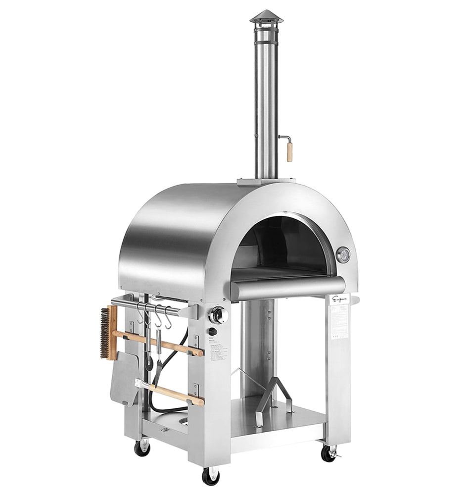 The Empava Outdoor Wood Fired and Gas Pizza Oven is a stainless steel all-in-one oven kit on wheels, featuring a chimney and side-mounted tools such as a brush, pizza peel, and spatula. This pizza oven offers thicker insulation, a temperature gauge, and a wide, arched opening ideal for pizzas.