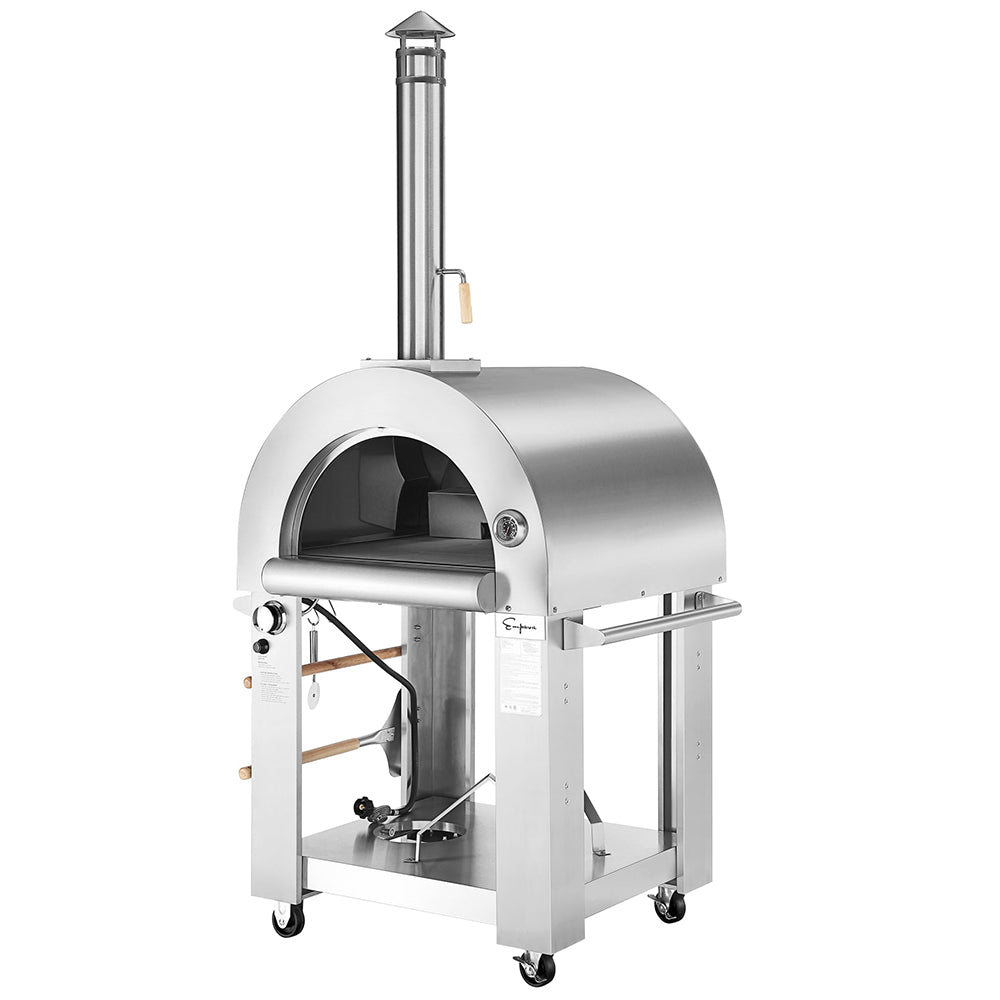 The Empava Outdoor Wood Fired and Gas Pizza Oven is crafted from stainless steel and features thicker insulation, a domed top, chimney, and temperature gauge. It includes a front opening, two side handles for easy handling, and is mounted on a trolley with wheels to ensure mobility. Additionally, this all-in-one oven kit comes with convenient shelves and hooks located below for storing accessories.