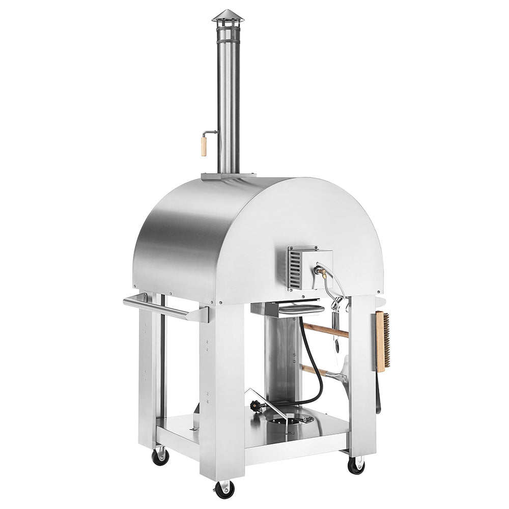 The Empava Outdoor Wood Fired and Gas Pizza Oven is a stainless steel, outdoor pizza oven with a chimney, mounted on a wheeled cart. This all-in-one oven kit features a curved top, front-opening door, and thicker insulation for better heat retention. Additionally, it includes a wooden handle brush hanging on the side.