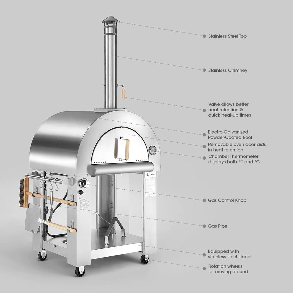 Image of the Empava Outdoor Wood Fired and Gas Pizza Oven showcasing its various features and labels, including a chimney for heat retention, thicker insulation, a thermometer showing both Fahrenheit and Celsius, gas control knob, electro-galvanized powder-coated rod, and rotation wheels.