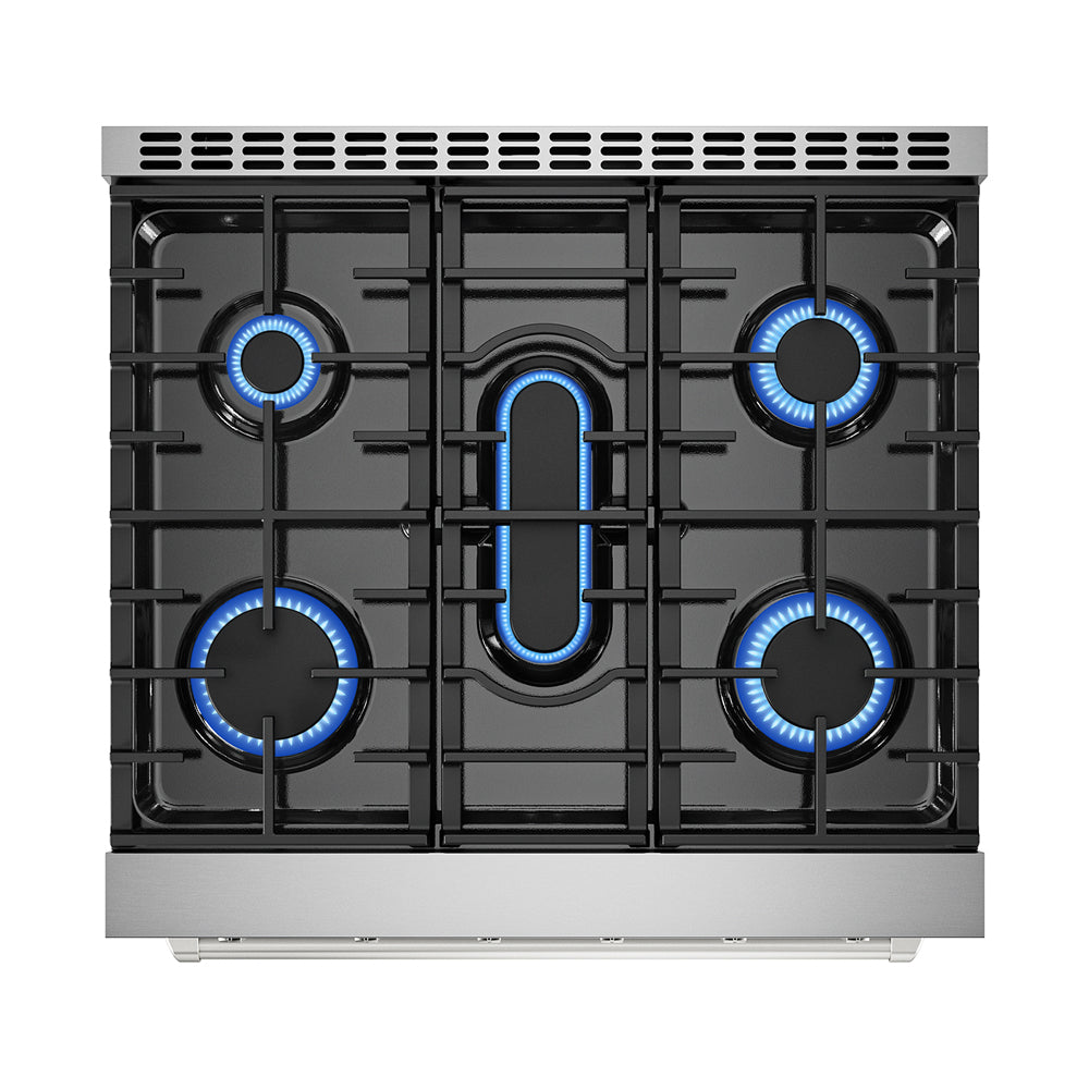 Empava 30 Inch Pro Style Slide in Single Oven Gas Range 30GR10 cooktop view with burners on