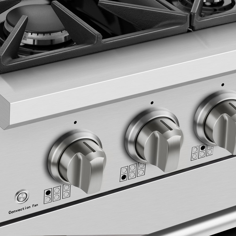 Empava 36 Inch Pro Style Slide In Single Oven Gas Range 36GR08 cooktop button detail view