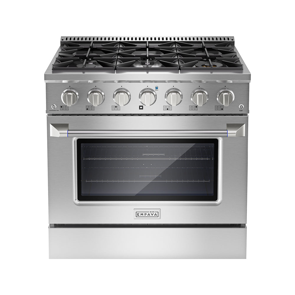 Empava 36 Inch Pro Style Slide In Single Oven Gas Range 36GR08 front side view with cooktop