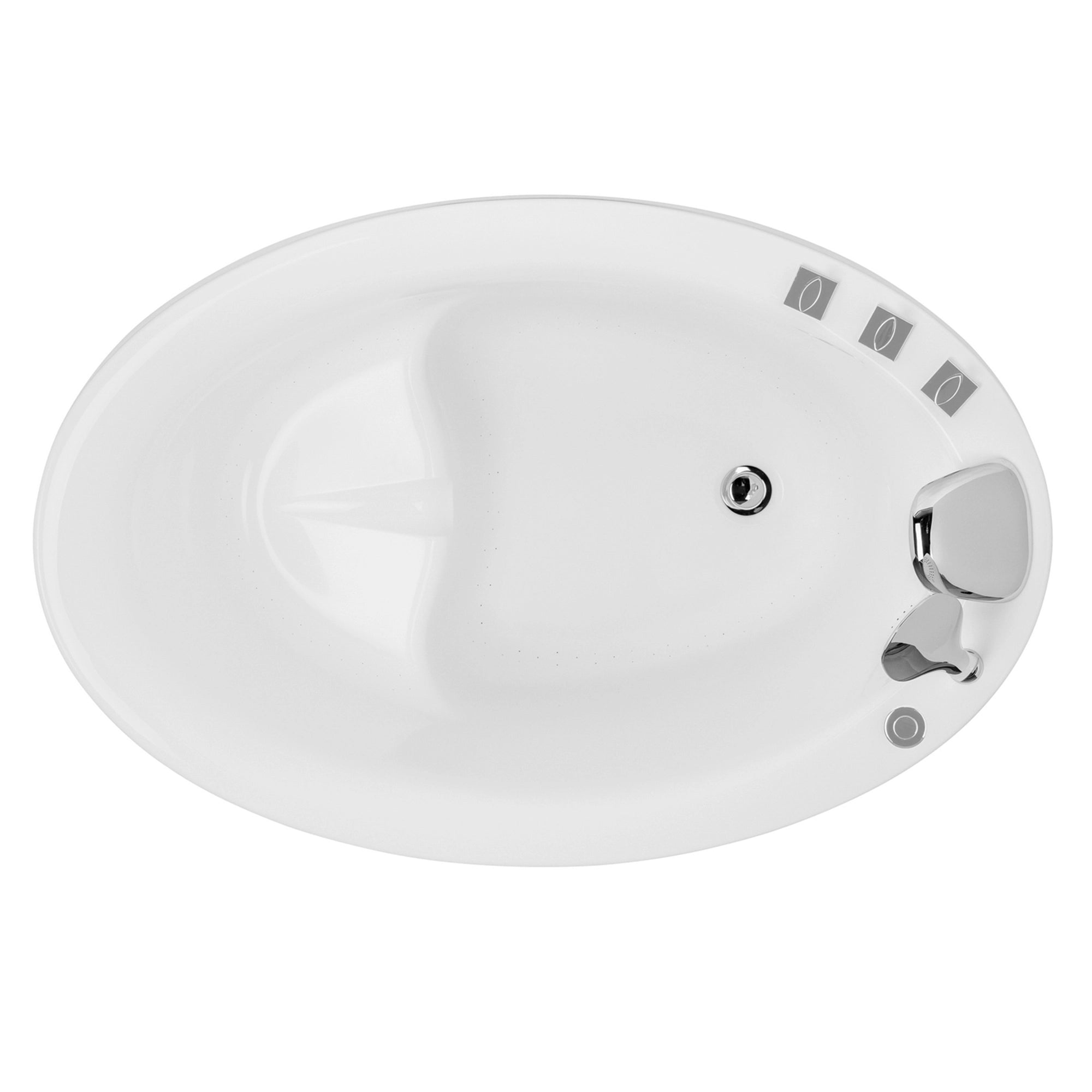 An overhead view of the 48" Freestanding Japanese-Style Air Massage Bathtub with Reversible Drain showcases a sleek, modern design. This white oval deep soaking tub features a chrome faucet, three built-in control buttons along the rim on the right side, and air bubble jets. The tub's glossy surface and minimalist features convey a contemporary aesthetic.