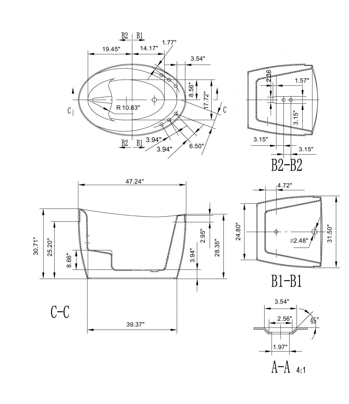 EMPV-48JT011-48" Freestanding Japanese-Style Air Massage Bathtub with Reversible Drain-size-chart