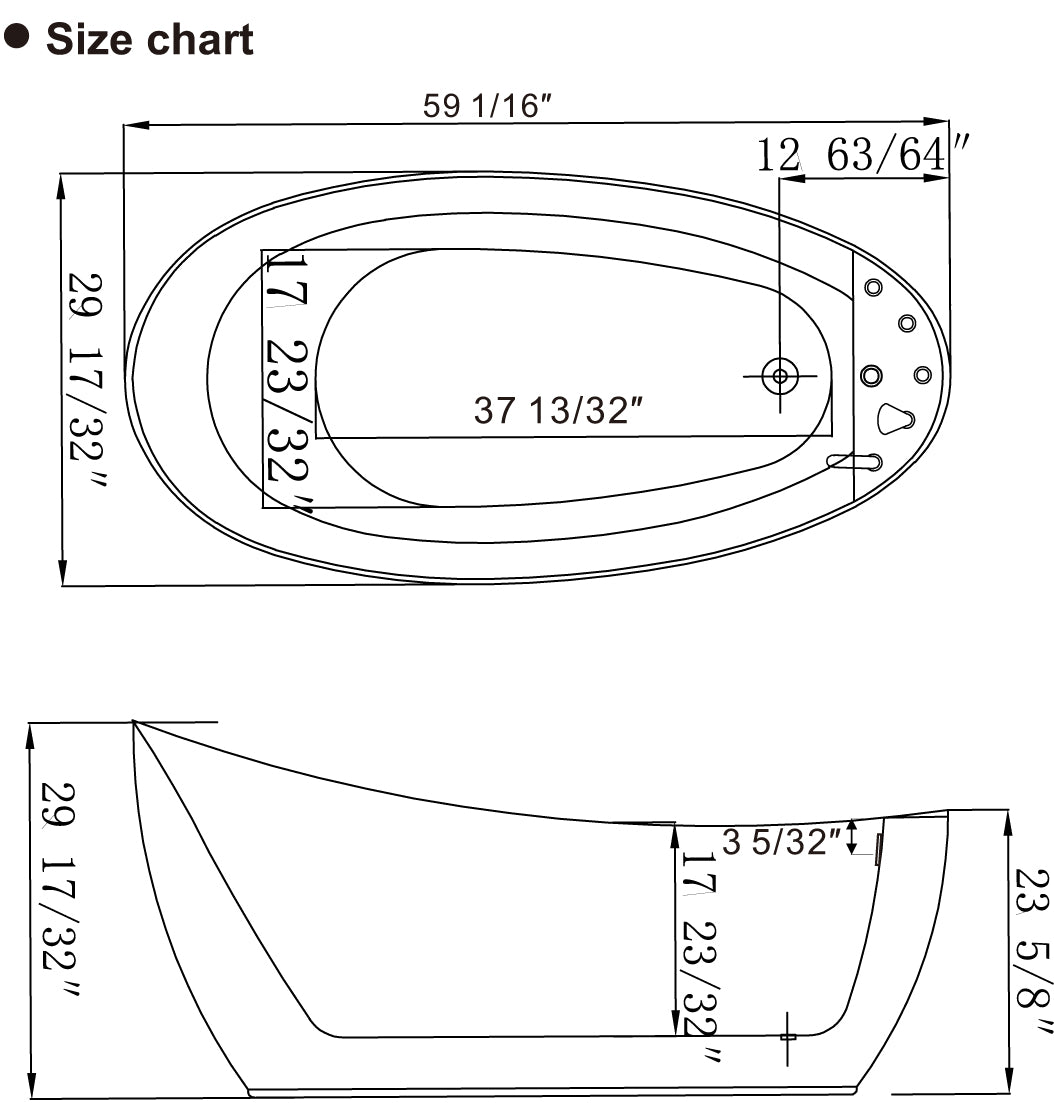 Empava-59AIS04 whirlpool acrylic freestanding hydromassage oval high back single-ended bathtub product size