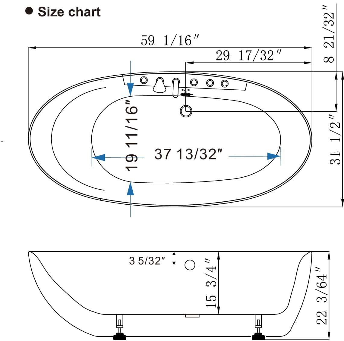 Empava-59AIS12 whirlpool acrylic freestanding oval single-ended bathtub product size