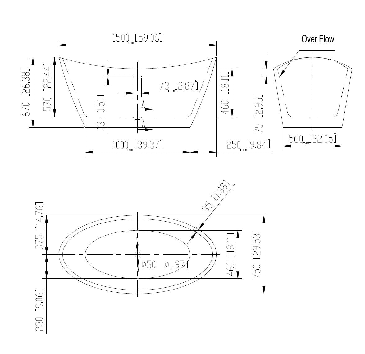 Empava-59FT1518 luxury freestanding acrylic soaking oval modern double-ended bathtub product size