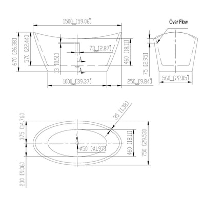 Empava-59FT1518 luxury freestanding acrylic soaking oval modern double-ended bathtub product size