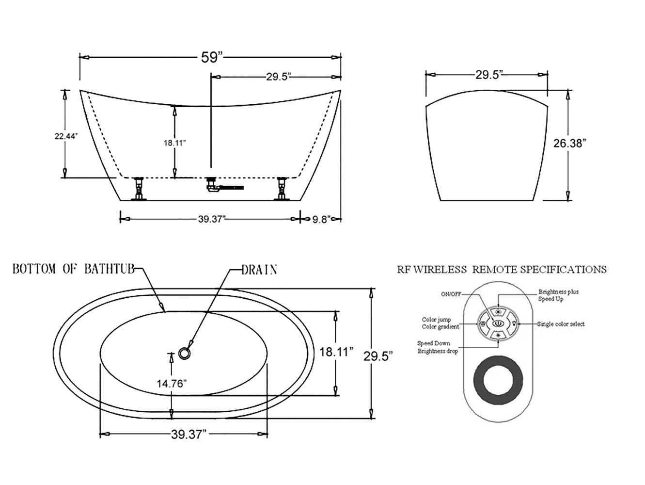 Empava-59FT1518LED freestanding acrylic soaking oval modern white bathtub with LED Lights product size