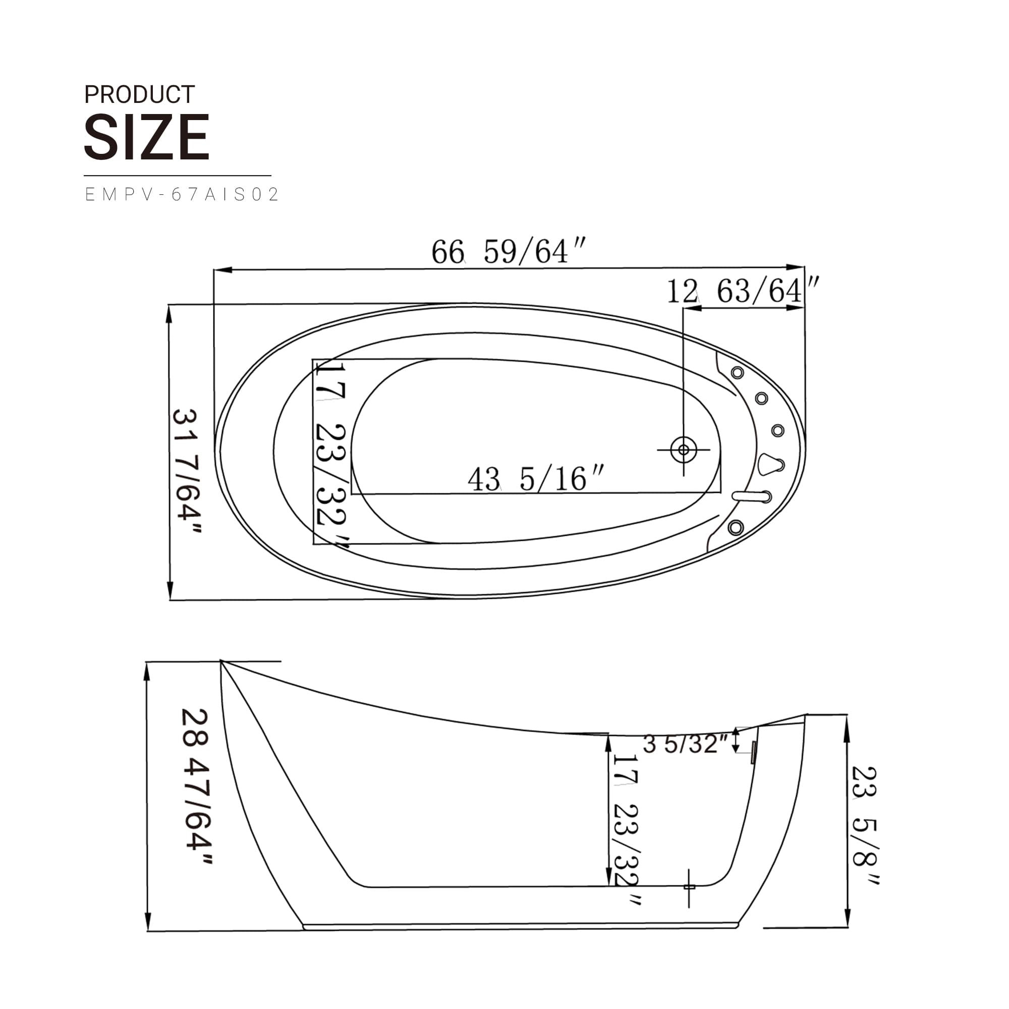 Empava-67AIS02 whirlpool acrylic freestanding hydromassage oval single-ended bathtub product size