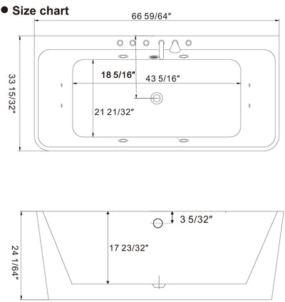 Empava-67AIS03 whirlpool acrylic hydromassage rectangular double-ended bathtub product size