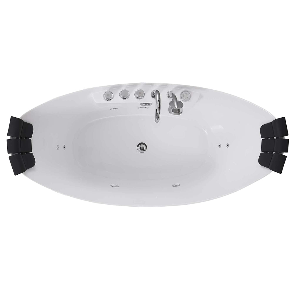 Top-down view of the 67" Freestanding Boat-shaped Whirlpool Bathtub with a white oval design, crafted from crack-resistant acrylic material. It features multiple black backrests on both ends and several faucet controls on one side, along with a chrome faucet, center drain, and jets.