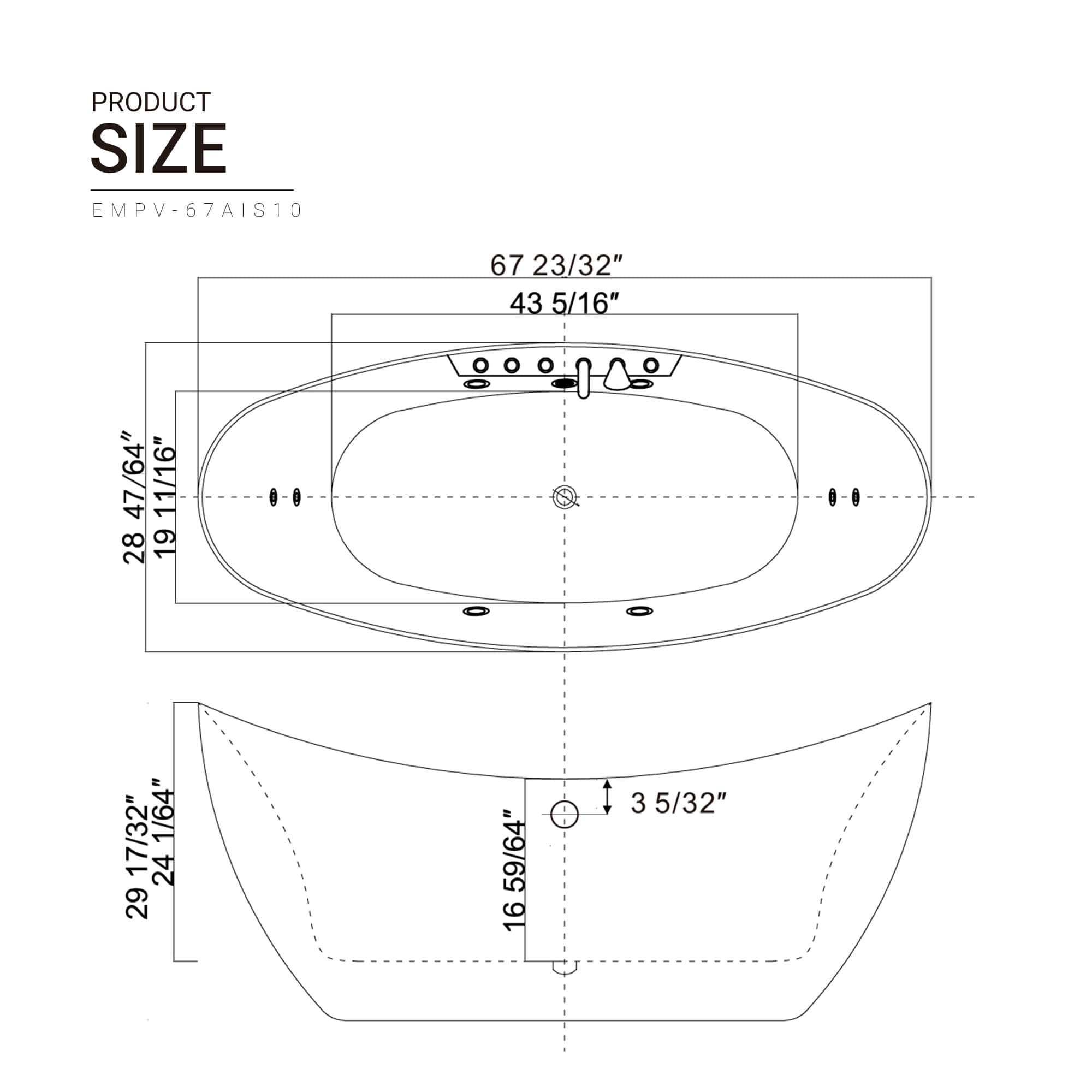 EMPV-67AIS10-67" Freestanding Boat-shaped Whirlpool Bathtub with Center Drain-size-chart