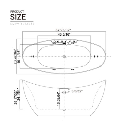EMPV-67AIS10-67" Freestanding Boat-shaped Whirlpool Bathtub with Center Drain-size-chart