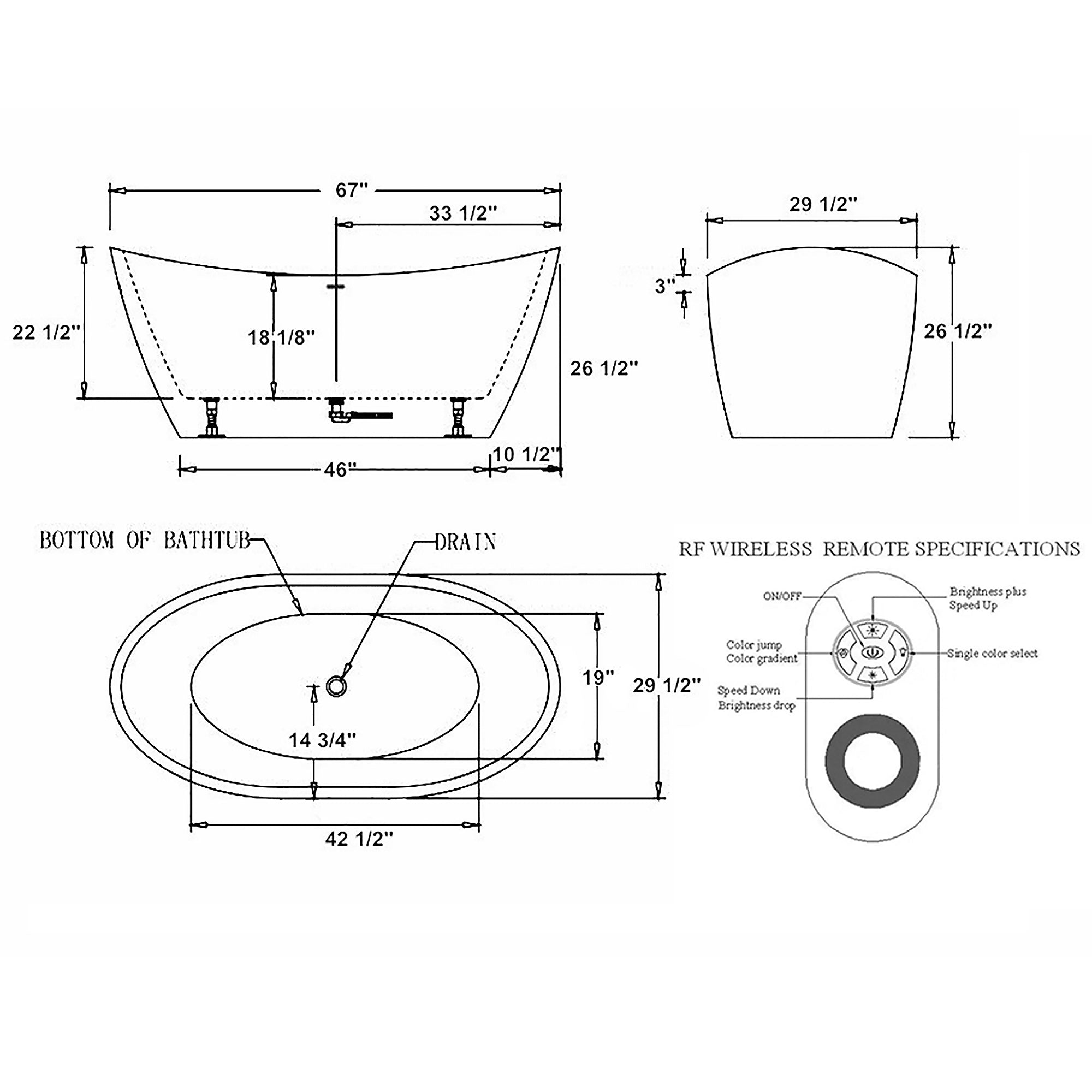 Empava-67FT1518LED freestanding acrylic soaking oval modern white SPA bathtub with LED Lights product size