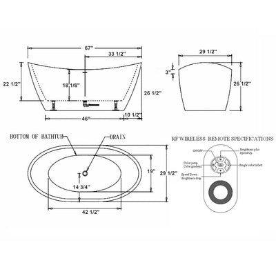 Empava-67FT1518LED freestanding acrylic soaking oval modern white SPA bathtub with LED Lights product size