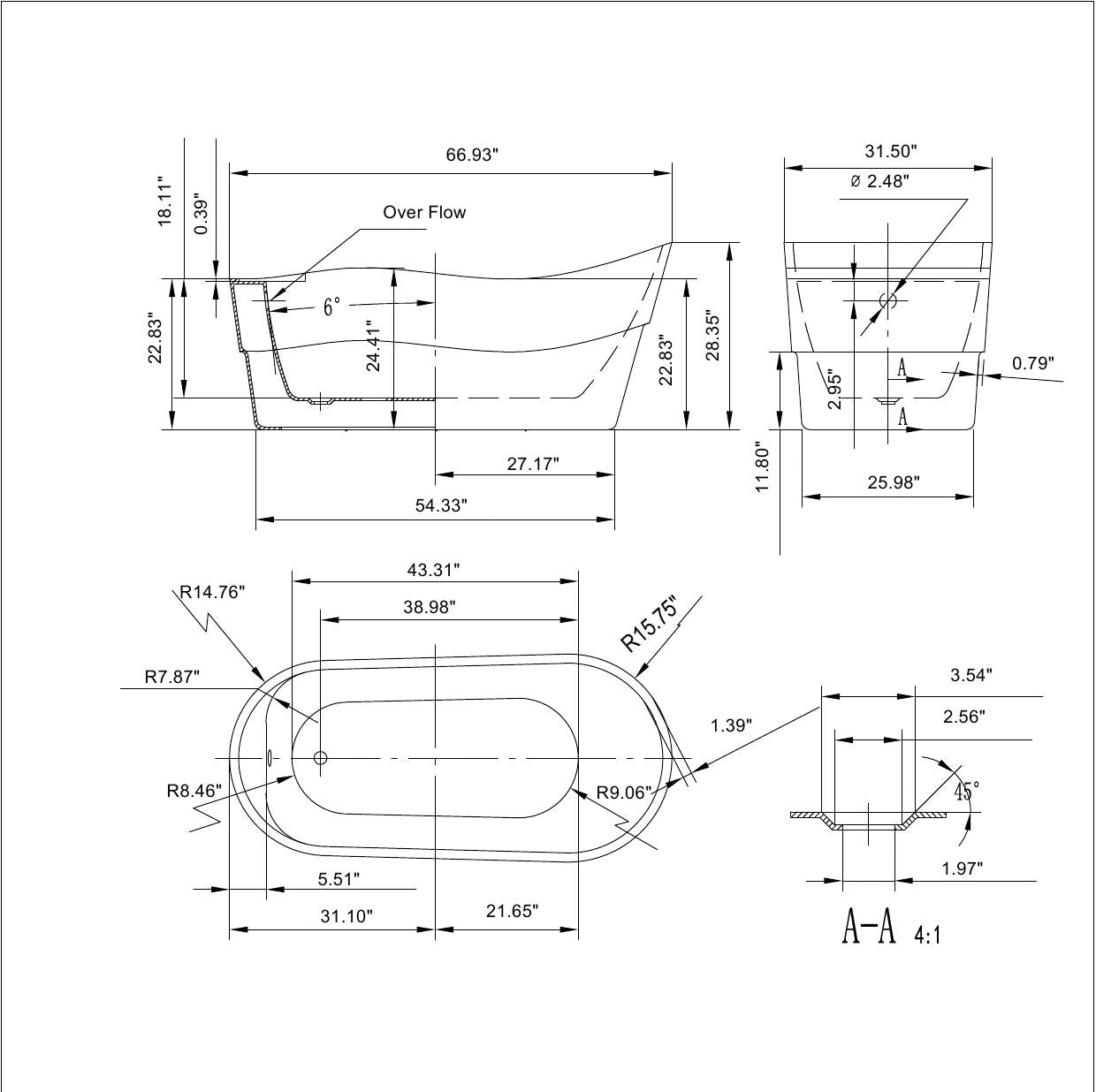 Empava-67FT1527 luxury freestanding acrylic soaking oval modern white SPA single-ended curved bathtub product size