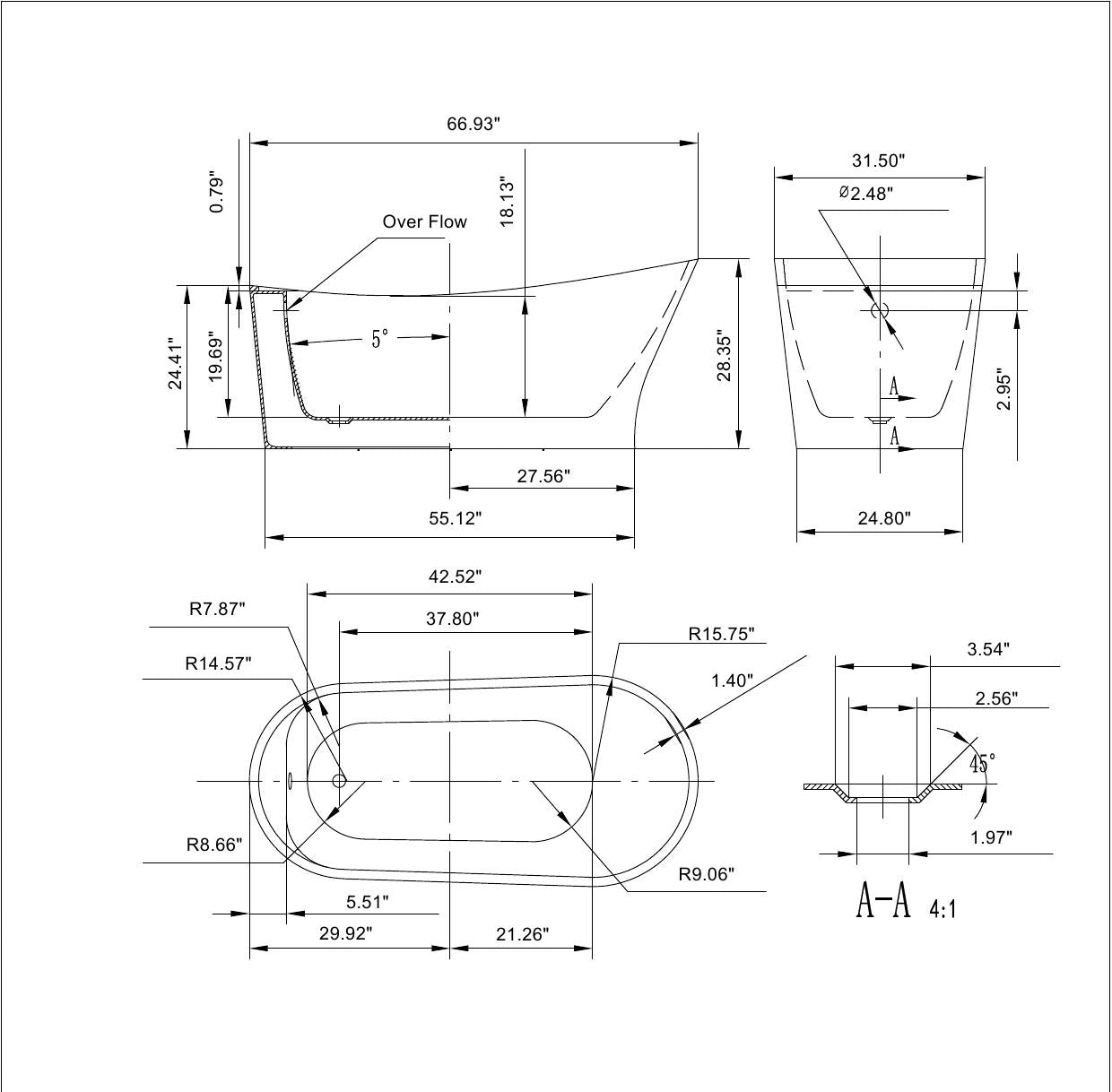 Empava-67FT1528 luxury freestanding acrylic soaking oval modern white SPA single-ended bathtub product size