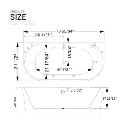 Empava-71AIS08-71" Freestanding Hydro Massage Whirlpool Bathtub with Center Drain-size-chart