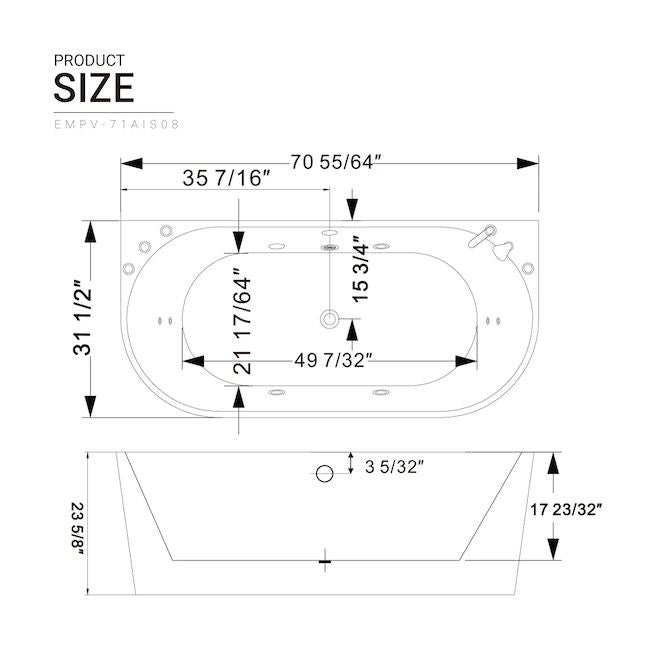 Empava-71AIS08-71" Freestanding Hydro Massage Whirlpool Bathtub with Center Drain-size-chart