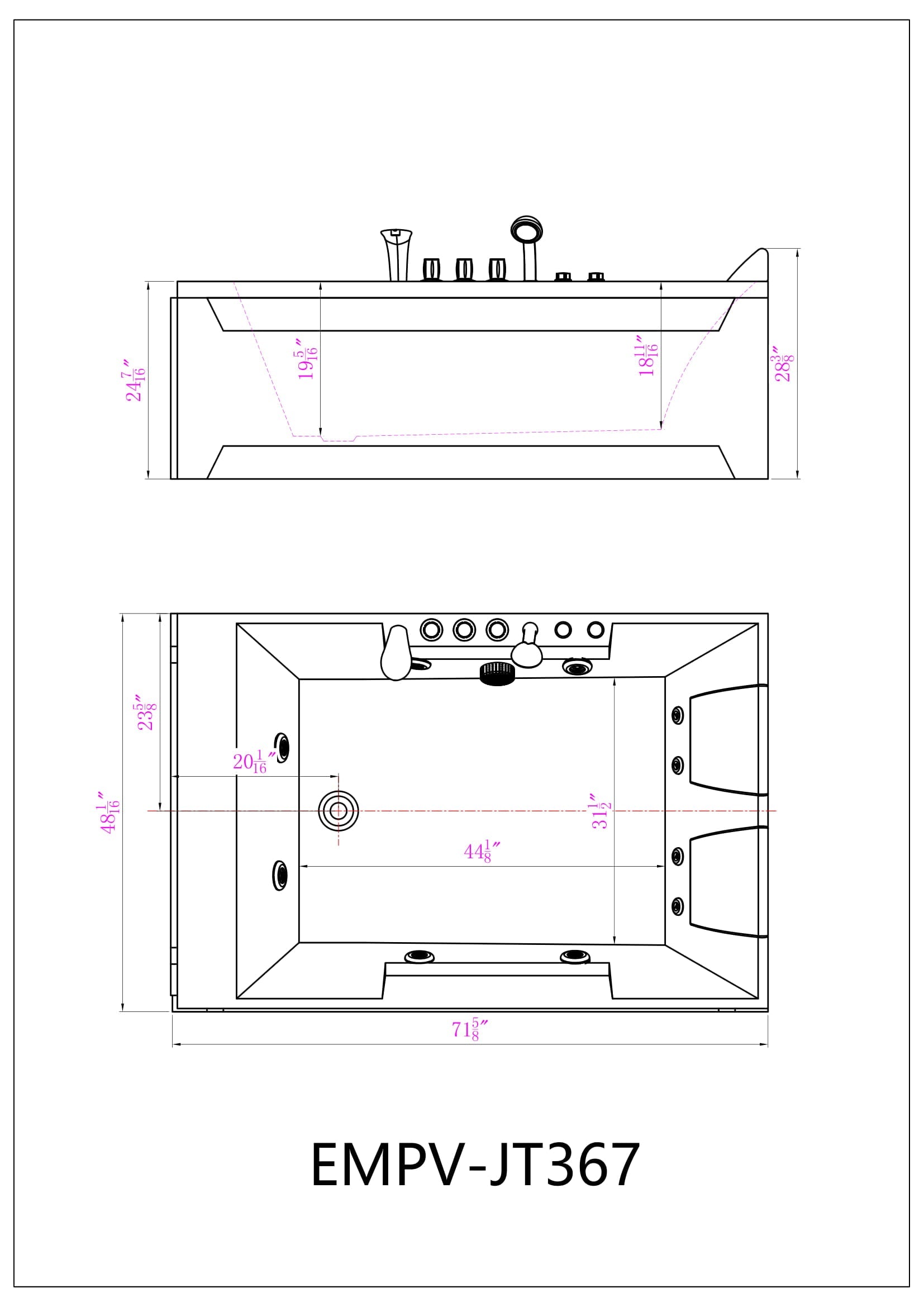 Empava-72JT367LED whirlpool Acrylic 2-person rectangular bathtub product size