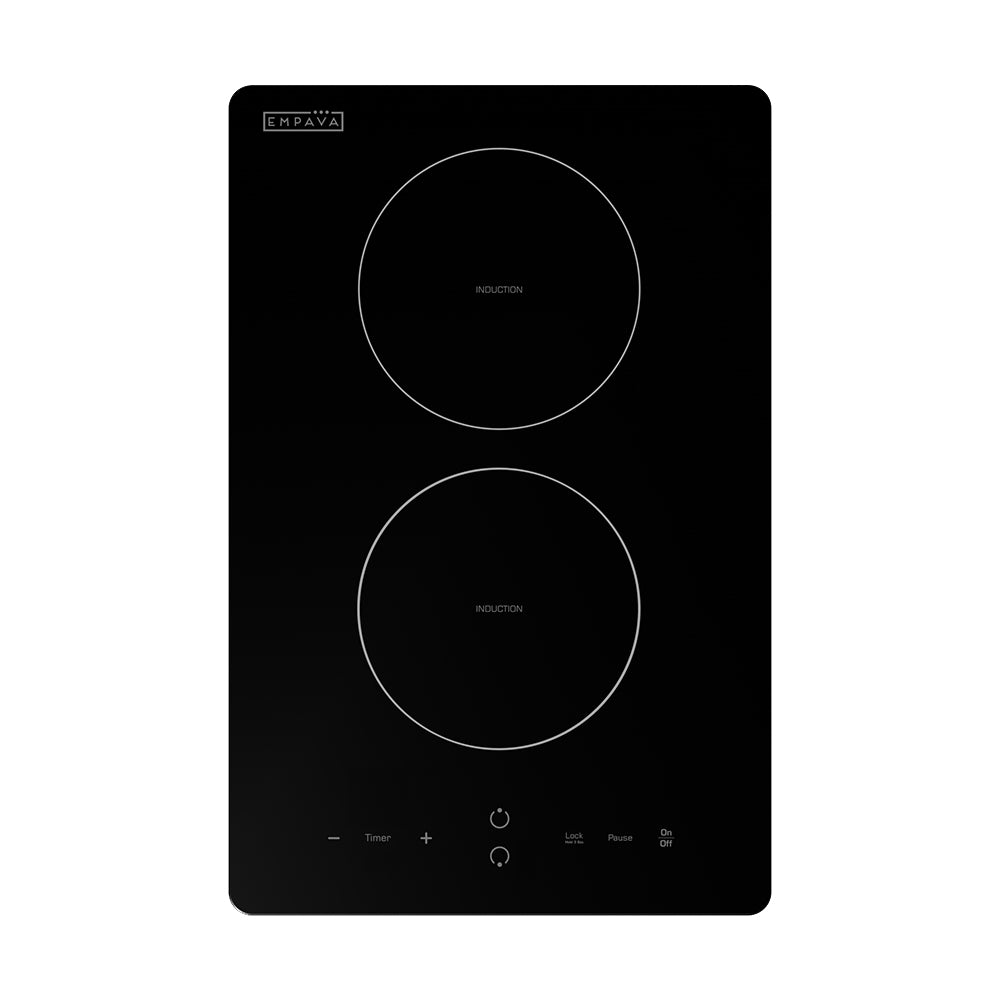 The Empava 12 inch Portable Induction Cooktop in black features a rectangular design with two circular heating zones arranged vertically. The control panel, located at the bottom, includes touch buttons for power, temperature, and various settings. A warning sign and instruction text are visible between the heating zones.