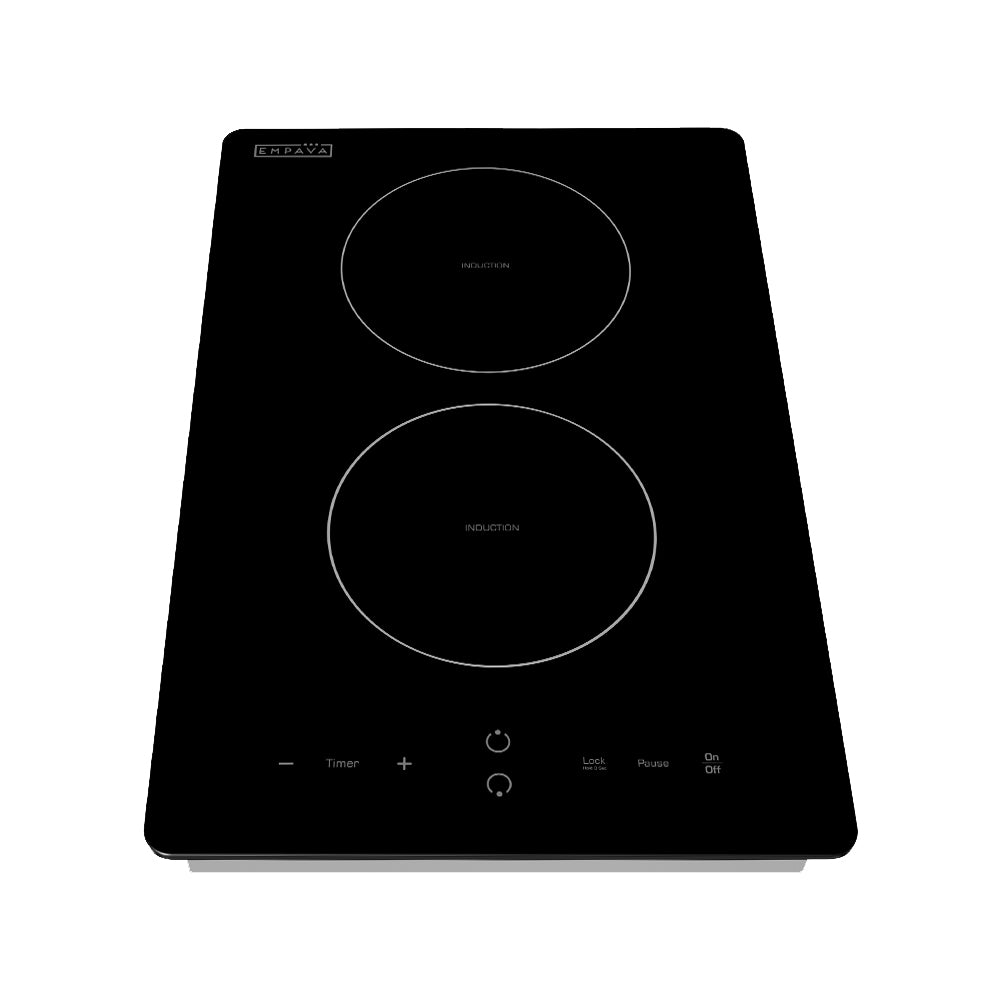 The Empava 12 inch Portable Induction Cooktop is a black, two-burner appliance with touch-sensitive controls. It boasts a sleek, minimalist design featuring circular cooking zones and function icons positioned at the bottom. The brand logo is prominently displayed at the front center.