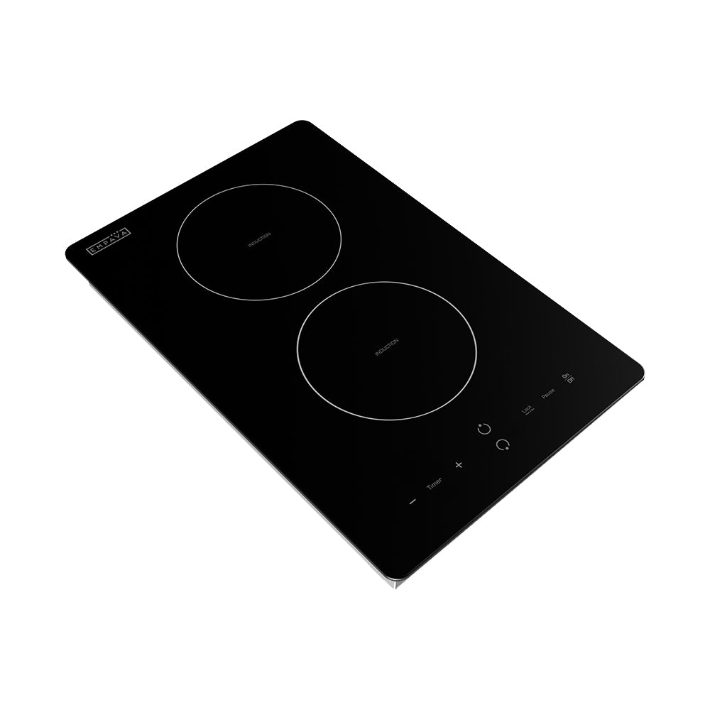 The Empava 12 inch Portable Induction Cooktop features a sleek black design with two cooking zones and bottom touch-control buttons. Its smooth, reflective surface includes icons indicating various function modes, embodying a minimalist and modern aesthetic.