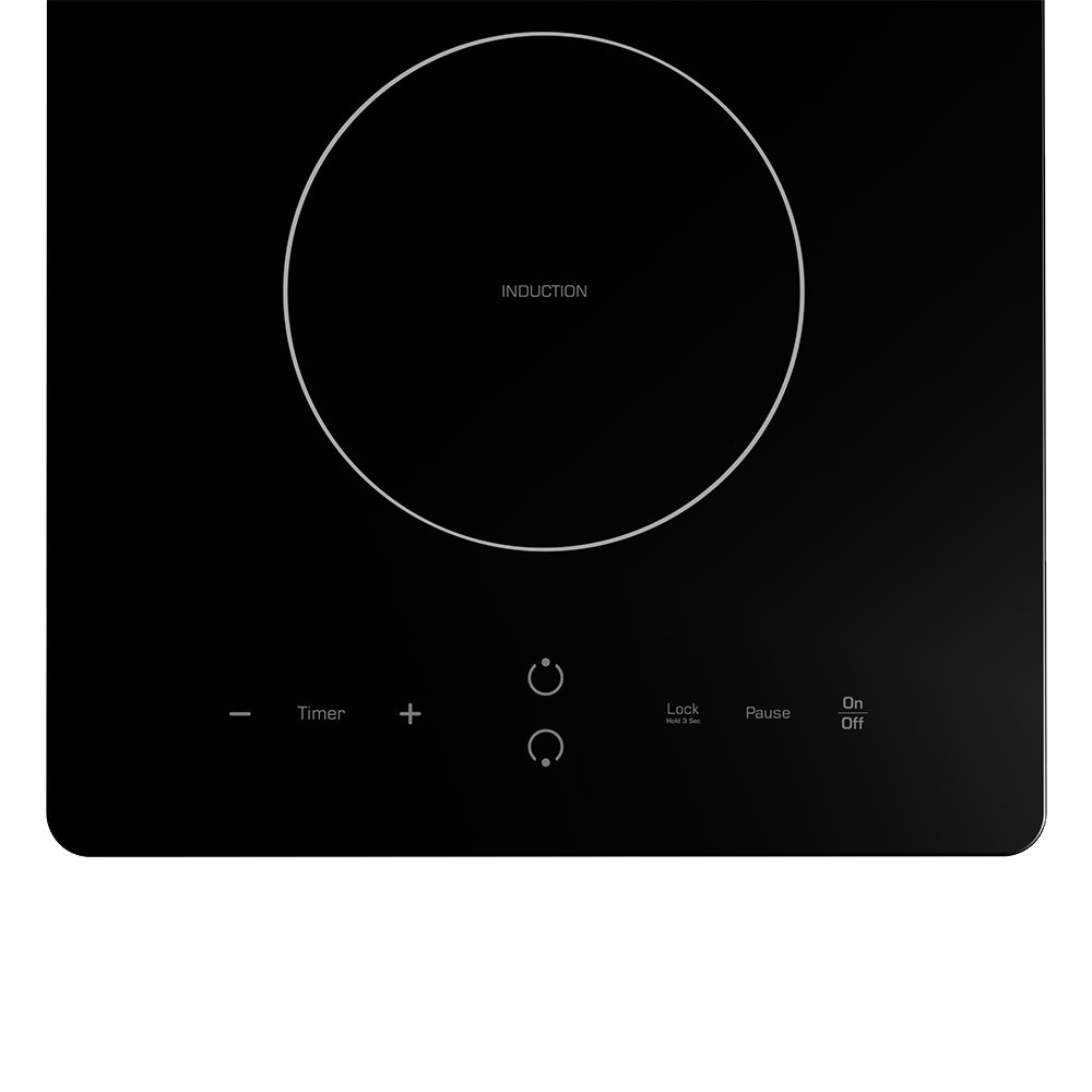 The Empava 12 inch Portable Induction Cooktop boasts a sleek black design with touch-sensitive control buttons. It features intuitive icons for power, temperature increase and decrease, timer, and a safety lock. The glossy, reflective surface includes a circular cooking zone. The brand name 'Empava' is prominently displayed, underscoring the high quality of Empava appliances.